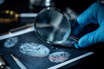 A blue-gloved hand holds a magnifying glass over distinctive fingerprints on black paper,...