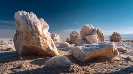 Large salt formations on a dry lake bed under a clear blue sky in the death valley national park