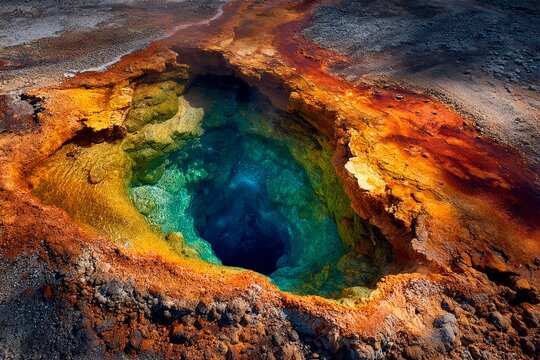 A stunning geothermal hot spring features a swirling mix of bright colors, with clear blue water at the center and vibrant orange and yellow mineral deposits surrounding it, creating a natural wonder