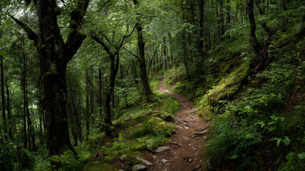 Obraz premium A winding dirt path through a dense green forest with tall trees and lush foliage all around it