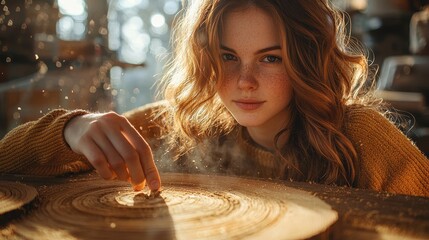 Maple tree rings examined by freckled artisan with finger tracing natural wood grain circles in workshop bathed in warm sunlight with suspended sawdust particles