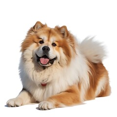 Obraz premium A fluffy brown and white dog poses while laying on the ground