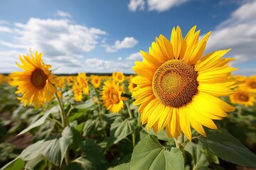 Fototapeta premium Sunflowers turning towards the sun in a vibrant field on a clear day