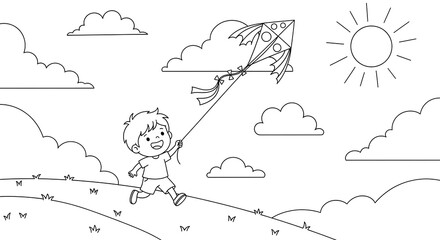 A child joyfully flying a kite on a sunny day in the outdoors