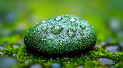 Green rock with water droplets on it. The droplets are small and scattered, giving the rock a wet