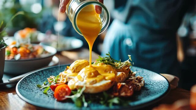 eggs benedict dish with hollandaise sauce being poured over it in bright restaurant interior