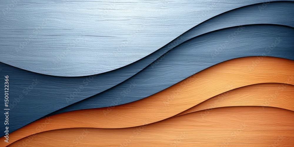 Poster wooden background with a blue wave and a brown wave. the blue wave is on the left side and the brown