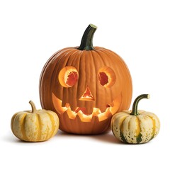 Obraz premium Jacko'lantern and two gourds on a white background in studio lighting