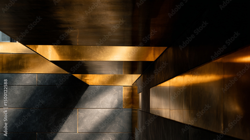 Poster abstract architecture featuring gold accents and dark tiles creating geometric patterns and shadows