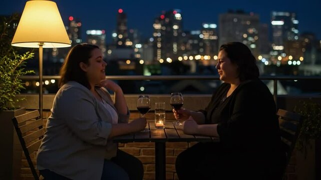 Plus-size lesbian couple laughing over wine at cozy rooftop bistro  
