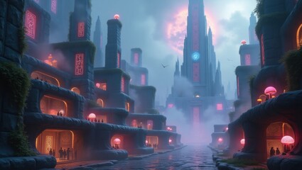 Mystical city shrouded in mist