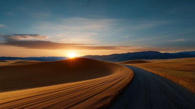 A picturesque sunset casts a golden hue on expansive fields and rolling hills, with a winding dirt road leading into the tranquil countryside, creating a serene atmosphere. - Powered by Adobe