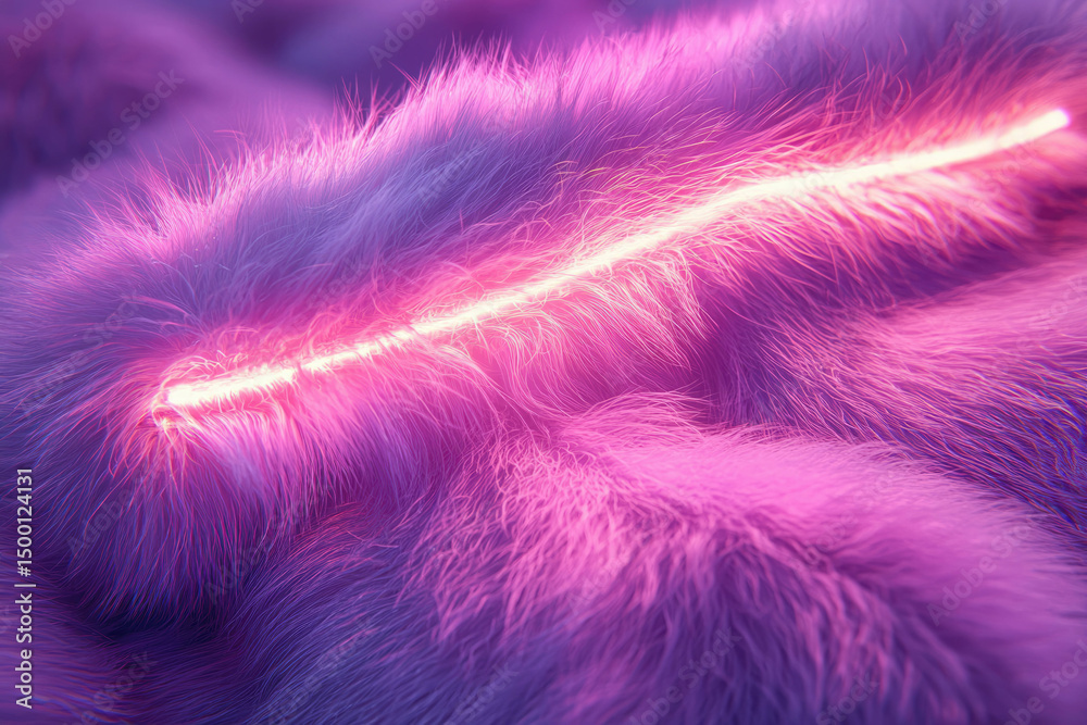 Poster pink fur texture illuminated by a glowing line, creating a surreal and dreamy aesthetic.