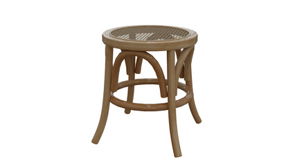 A wooden stool with a rattan seat on a white background