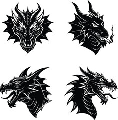 Black dragon head face silhouette illustration set collection on white