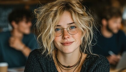 Woman with Glasses in Cafe.