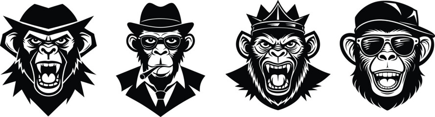 Fototapeta premium Logotype black monkey face silhouette vector illustration set