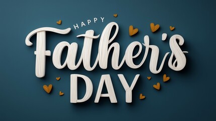 A card to cogratulate dads with the text "Happy Father's Day" with dark blue background, white textured font and hearts 
