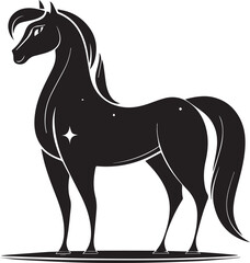 Stylized black silhouette of a majestic horse standing proudly with a flowing mane and tail. Perfect for equestrian themes, logo design, fantasy art, animal illustrations, and tattoo concepts.