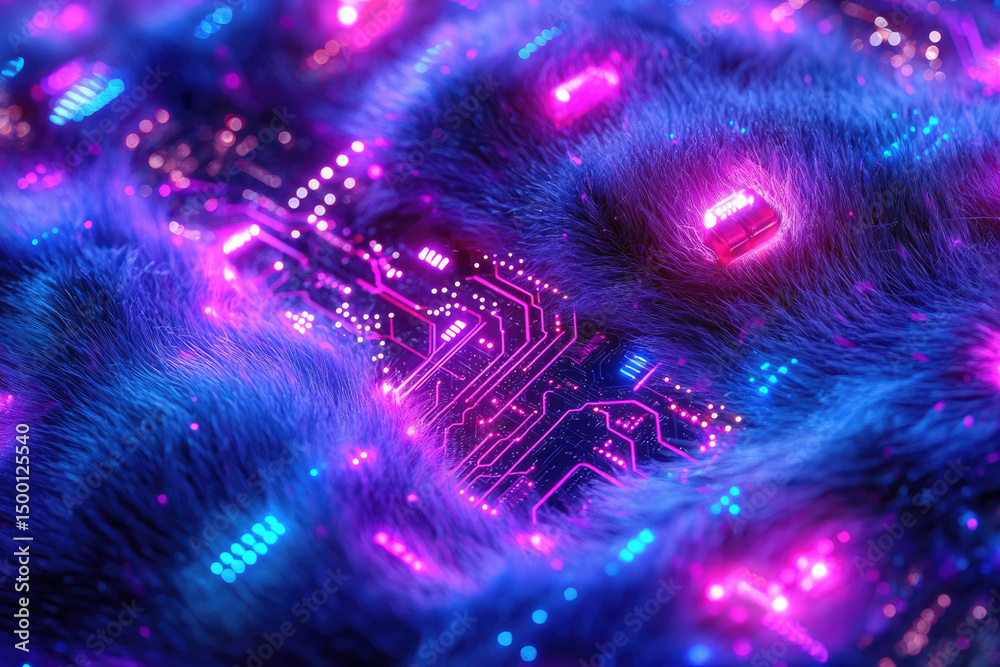 Poster a glowing circuit board is embedded in a fluffy, vibrant blue and pink fur, creating a surreal, futu