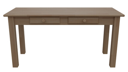 A wooden desk with two drawers on a white background