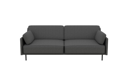 A gray couch with a black metal frame and a white background