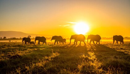 Obraz premium Elephants Walking at Sunrise in Grassland