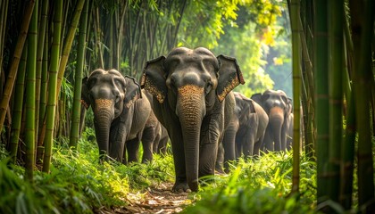Fototapeta premium Elephants Walking Through Bamboo Grove