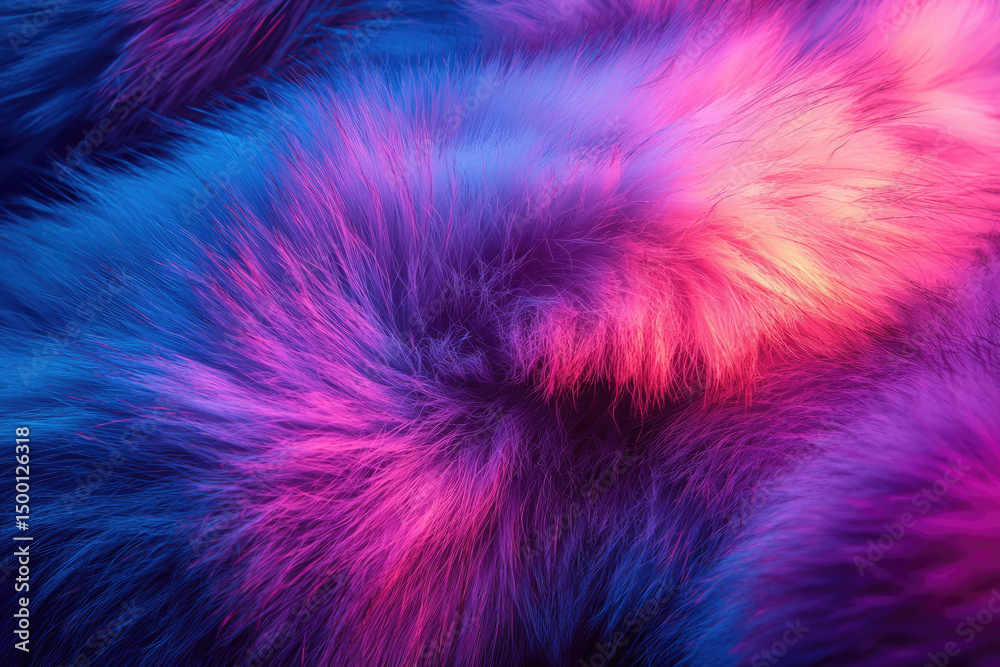 Poster vibrant pink and blue fur texture illuminated with neon lighting, creating a surreal and colorful ba