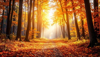 Golden Autumn Forest Path Sunlit Trees and Colorful Leaves