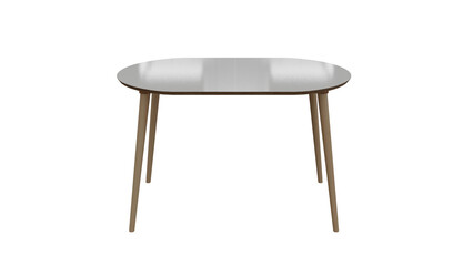 A round table with a glass top and wooden legs