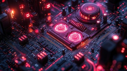 Lit microchip board with bright red LEDs