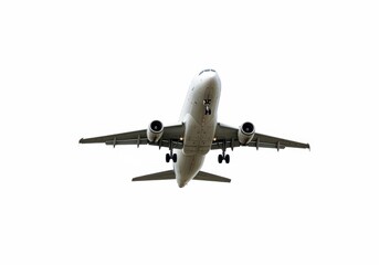 Obraz premium Commercial airplane landing against white background