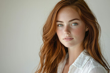 Fototapeta premium A portrait of a young woman with long, wavy ginger hair and freckles, wearing a white shirt.