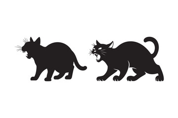 Aggressive Cat Silhouette Set Black Fighting Feline Vector Clipart Illustration