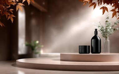 Elegant Black Decor Items Displayed on a Modern Pedestal Surrounded by Autumn Leaves in a Serene Setting