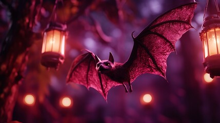 Naklejka premium A bat is flying amidst lit lanterns and blurred lights, creating a spooky and eerie atmosphere in the nighttime setting.
