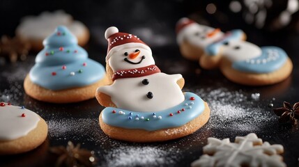 Winter Cookies Decorated as Snowmen and Christmas Trees on a Dark Background