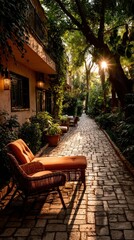 Obraz premium Lush path with sunlit lounge chairs, building facade
