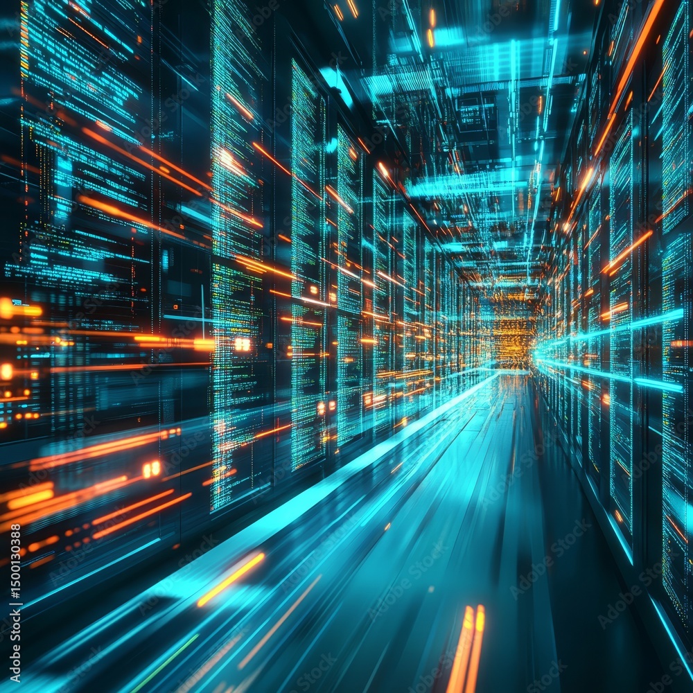 Aufkleber Futuristic Digital Corridor With Glowing Data Streams Rushing Through a Vibrant Virtual Landscape in a Mesmerizing Display of Technology