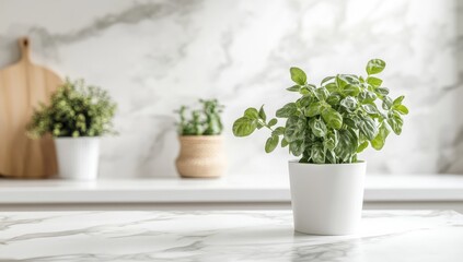 Fresh herbs in white pots on marble countertop