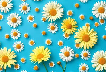 Obraz premium Repetitive daisy & chamomile floral pattern on blue background , blue, floral