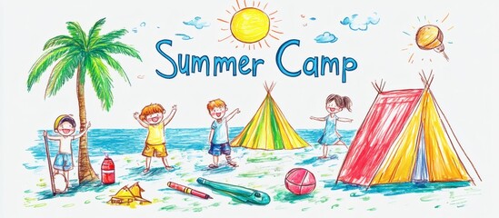 Obraz premium Summer Camp Fun Illustration with Kids Playing Outdoors by the Beach