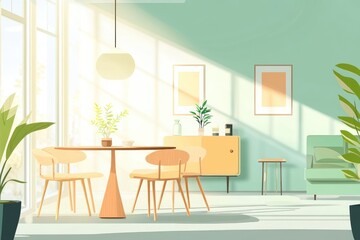 Sunny dining room interior, light-filled with plants