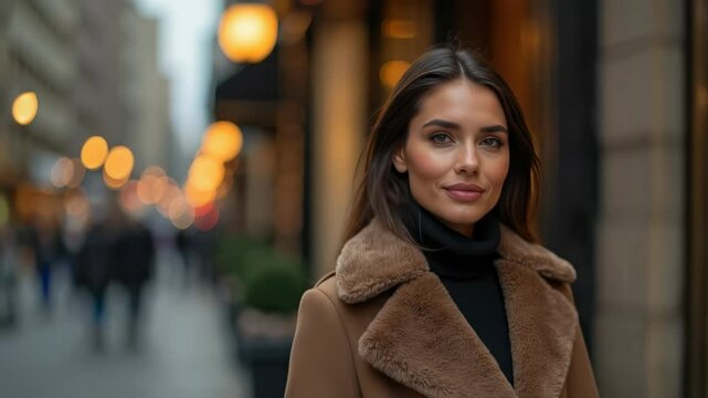 Elegant young woman in stylish fur collar coat walking on busy city street with blurred lights