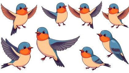 Naklejka premium Simple cartoon swallows, various poses, isolated on white background , birds, vector illustration