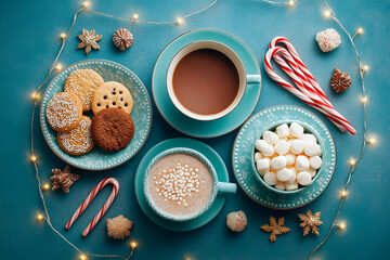 Holiday cookies with hot chocolate, coffee, marshmallows and candy canes on blue background with festive lights