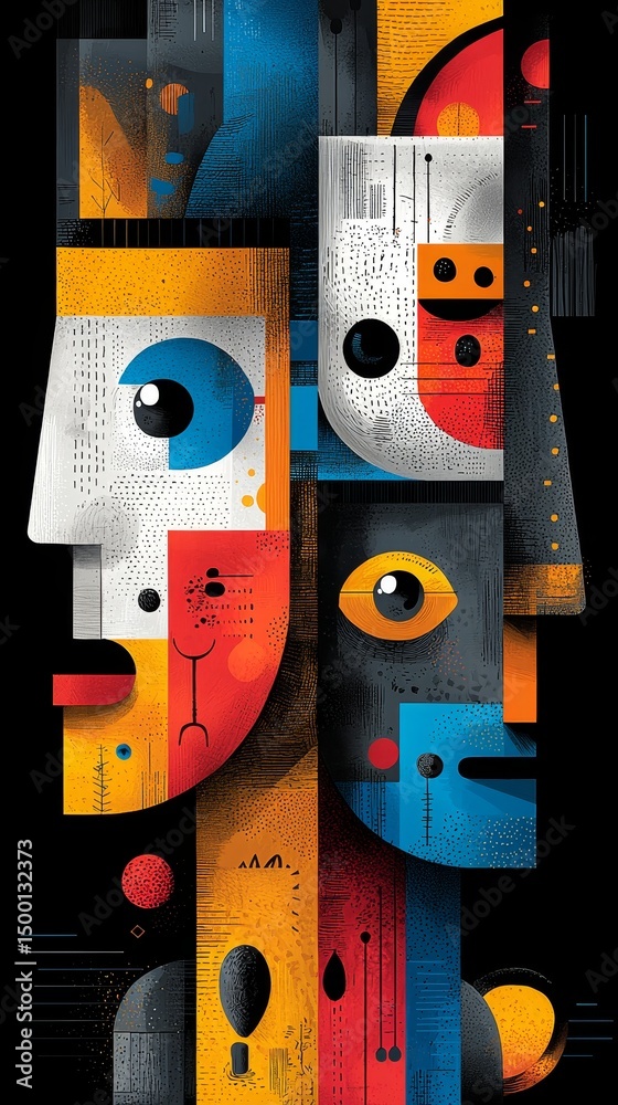 Poster exploring abstract emotions through vibrant faces and intricate patterns in a modern artistic displa