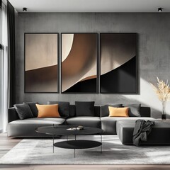Elegant Modern Living Room Showcases a Stunning Triptych Artwork in a Serene Space With Stylish Furniture and Cozy Ambiance During Daylight Hours