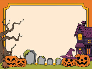 Cartoon halloween scene with pumpkins, haunted house, tombstones, tree, broom, and witch hat in a decorative frame